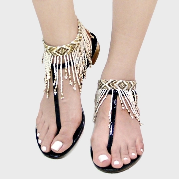 NWT‎ Boho Cream Gold Bronze Beaded Fringe Anklet Southwestern Statement - Picture 1 of 10